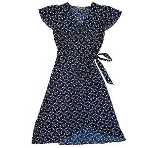 LOFT Floral Vine Wrap Dress, Flutter Sleeves, Navy, 8